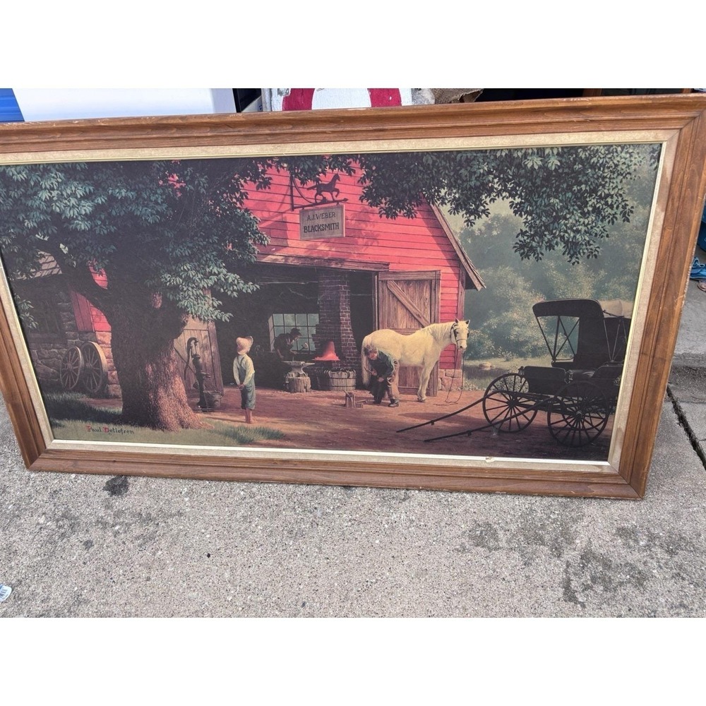 Vintage Paul Detlefsen THE SMITHY Blacksmith 52"x28" Wood Frame Textured Print - Picture 1 of 8